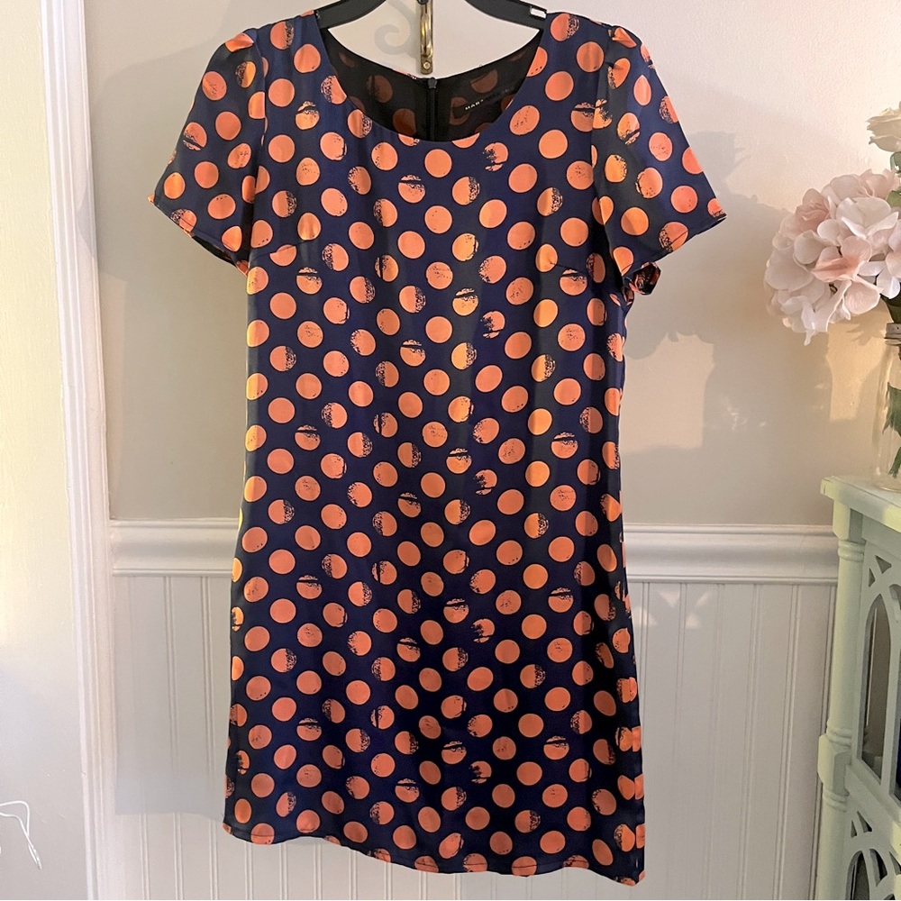 Marc Jacobs Navy and Orange Polka Dot Silk Shift Dress Medium